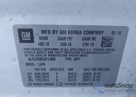 2018 Chevrolet Trax Lt z USA, uszkodzony, nr VIN KL7CJPSB5JB714808